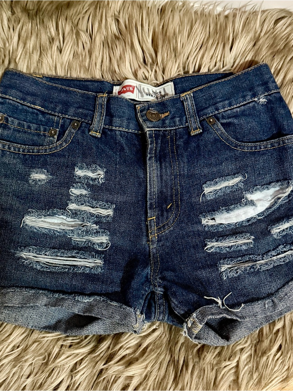 Levi's Women's Dark Blue Distressed Denim Shorts